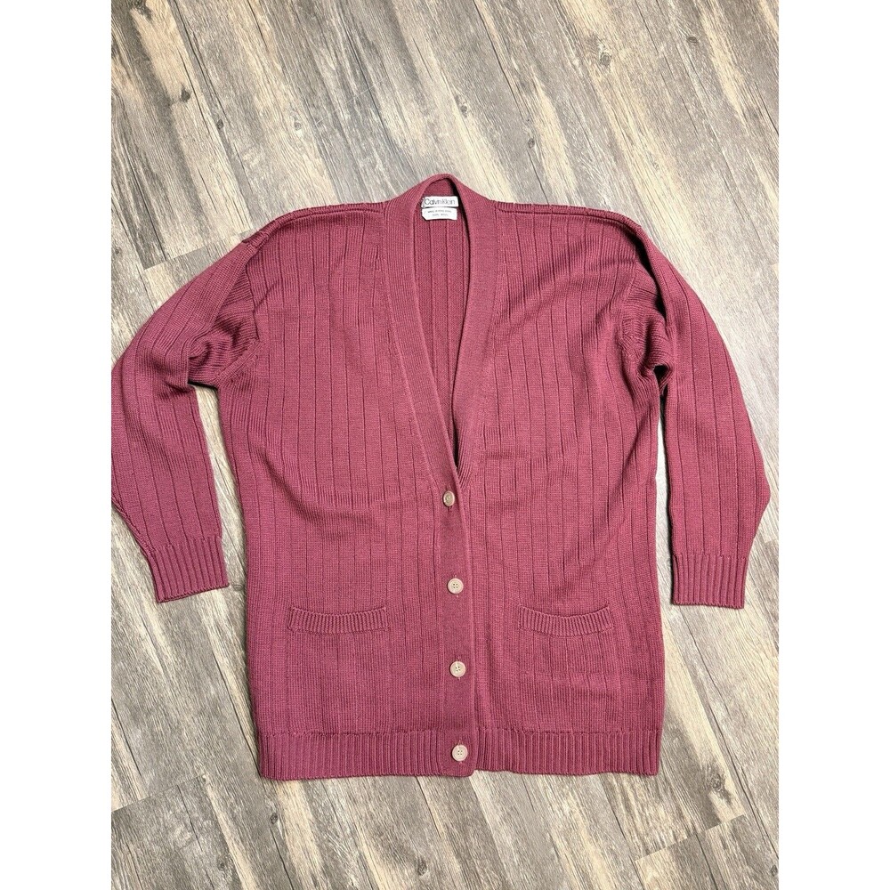 Vtg Calvin Klein 100% Wool Cardigan Sweater Burgundy Rib Knit Grandma Core